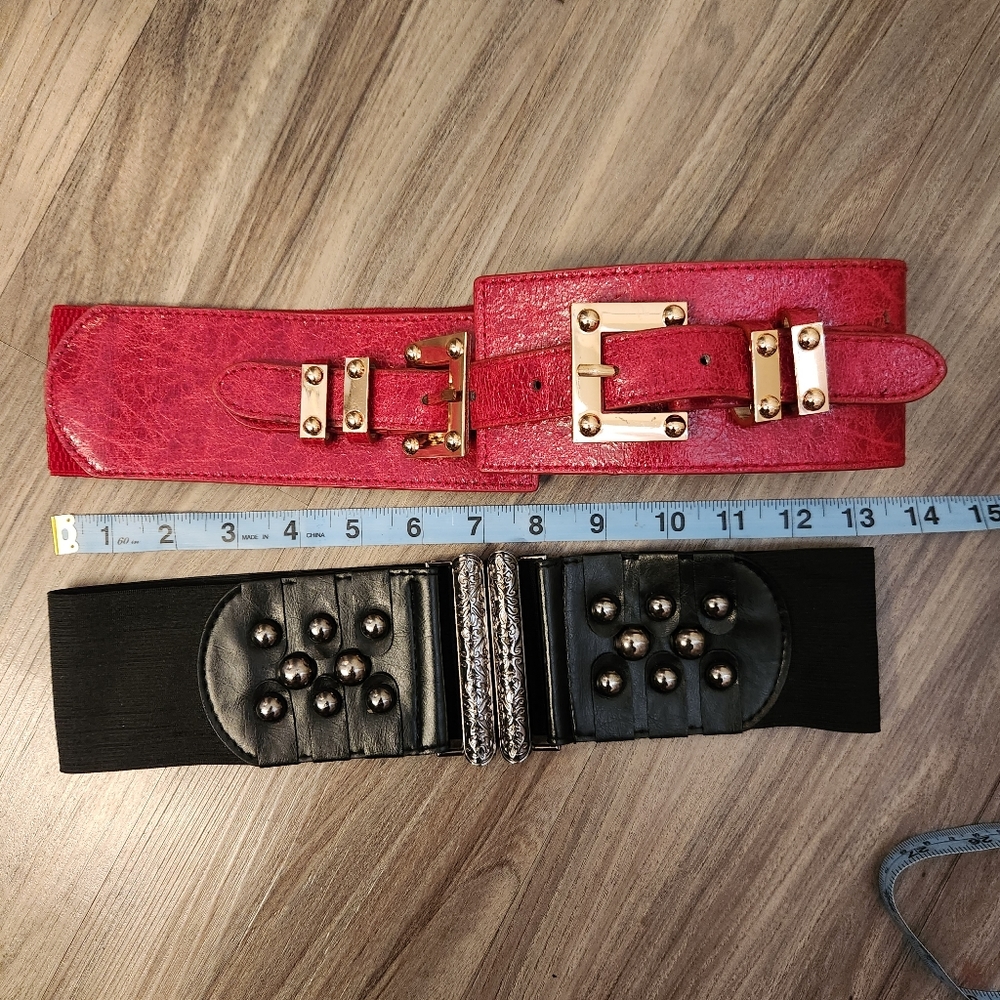 *5 for $20* Red Stretch Belt with Gold Buckle & Black Studded Elastic Belt - Picture 3 of 4